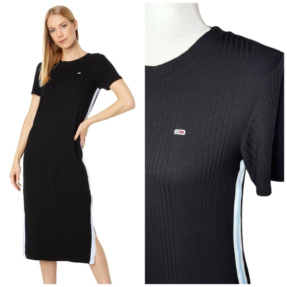 TOMMY JEANS Black Side Striped Crewneck Bodycon Midi T Shirt Dress S/M Logo - Picture 1 of 15